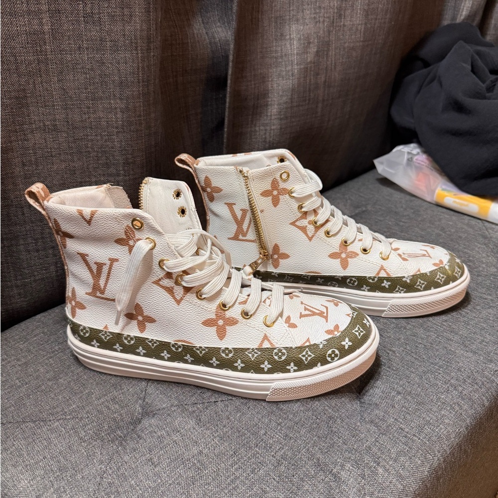 White and Brown Monogram Sneakers - Picture 1 of 3